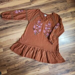 Cupio Boho Cotton Tunic Embroidered Floral Long Sleeve Size Medium